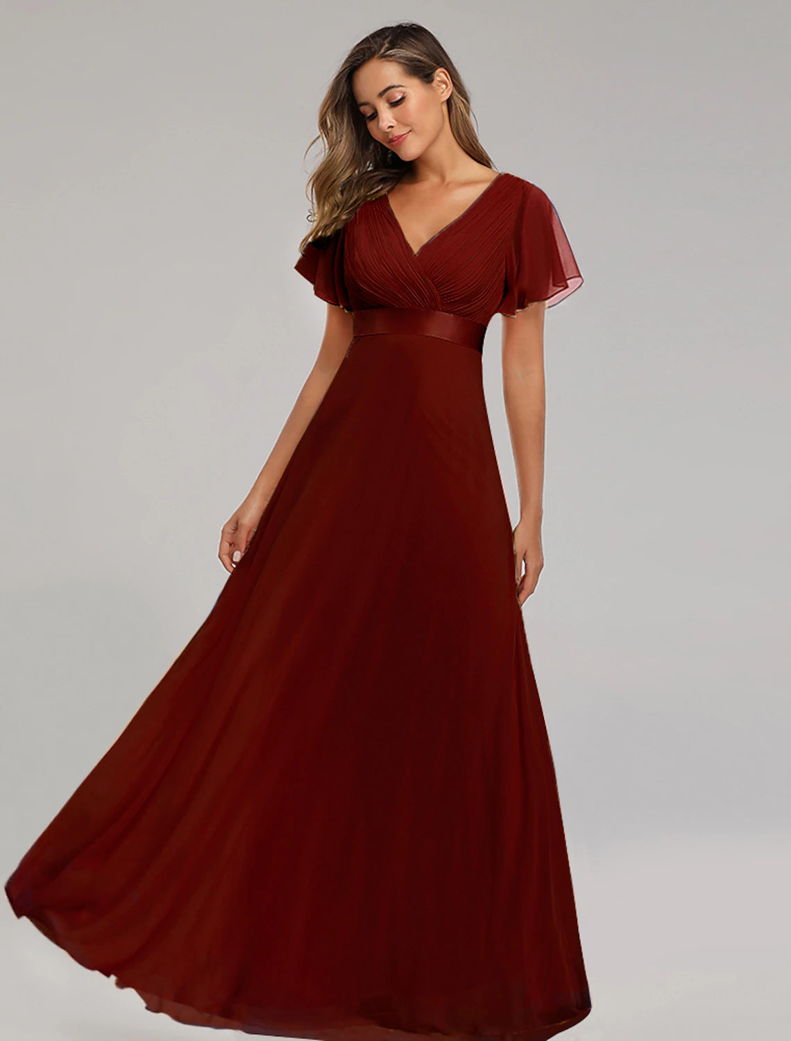 Wholesale A-Line Prom Dresses Maxi Dress Fall Wedding Guest Dress For Bridesmaid Floor Length Short Sleeve V Neck Chiffon V Back with Ruched Ruffles