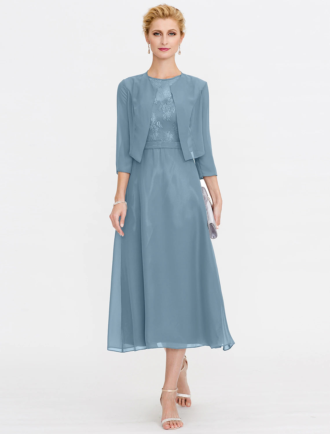 Wholesa A-Line Mother of the Bride Dress Fall Wedding Guest Dresses Plus Size Elegant Illusion Neck Tea Length Chiffon Corded Lace Sleeveless Wrap Included with Lace Pleats