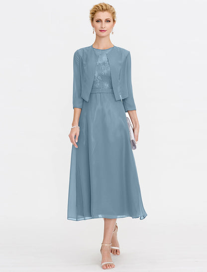 Wholesa A-Line Mother of the Bride Dress Fall Wedding Guest Dresses Plus Size Elegant Illusion Neck Tea Length Chiffon Corded Lace Sleeveless Wrap Included with Lace Pleats