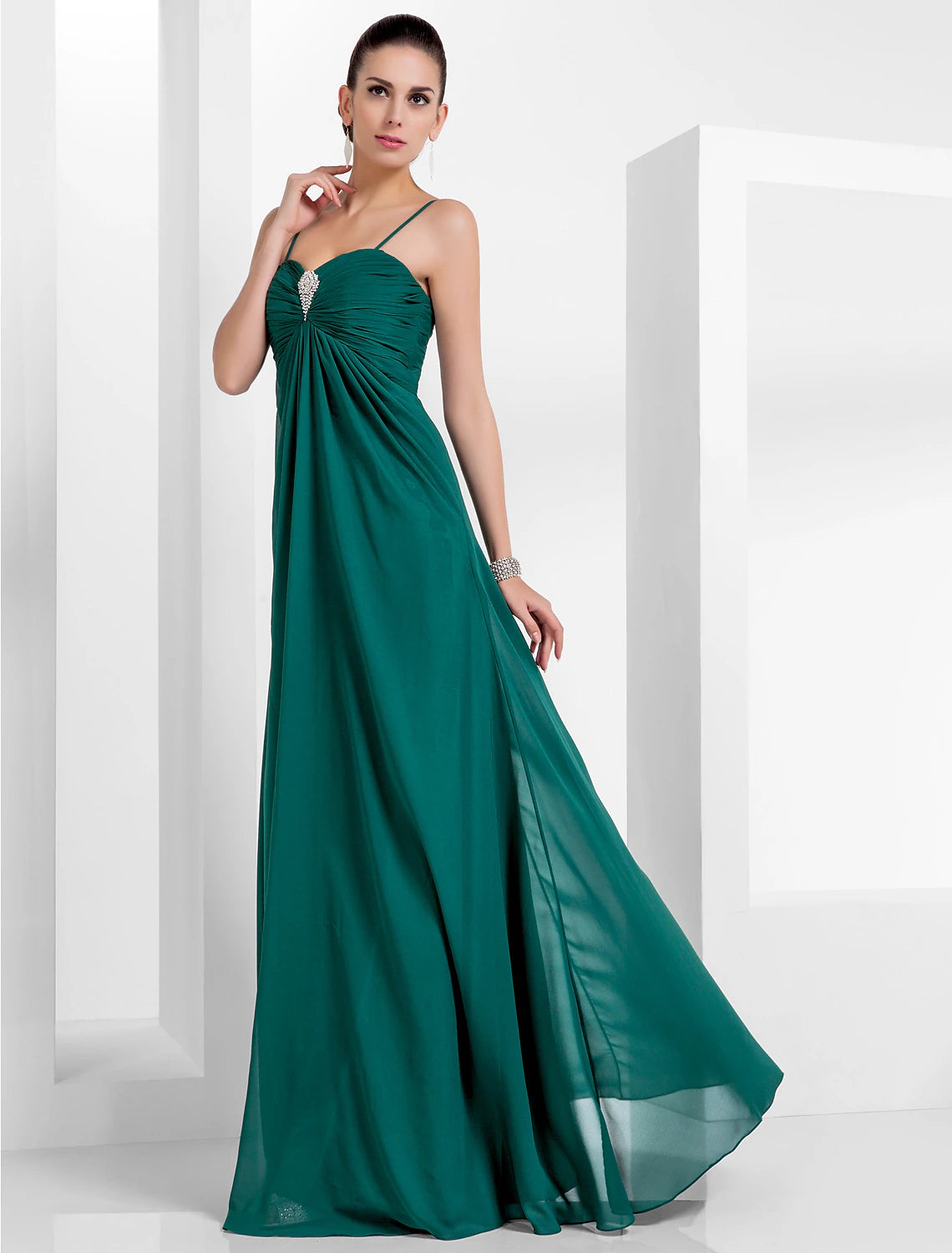 Wholesa A-Line Empire Holiday Formal Evening Dress Spaghetti Strap Sleeveless Floor Length Chiffon with Crystals