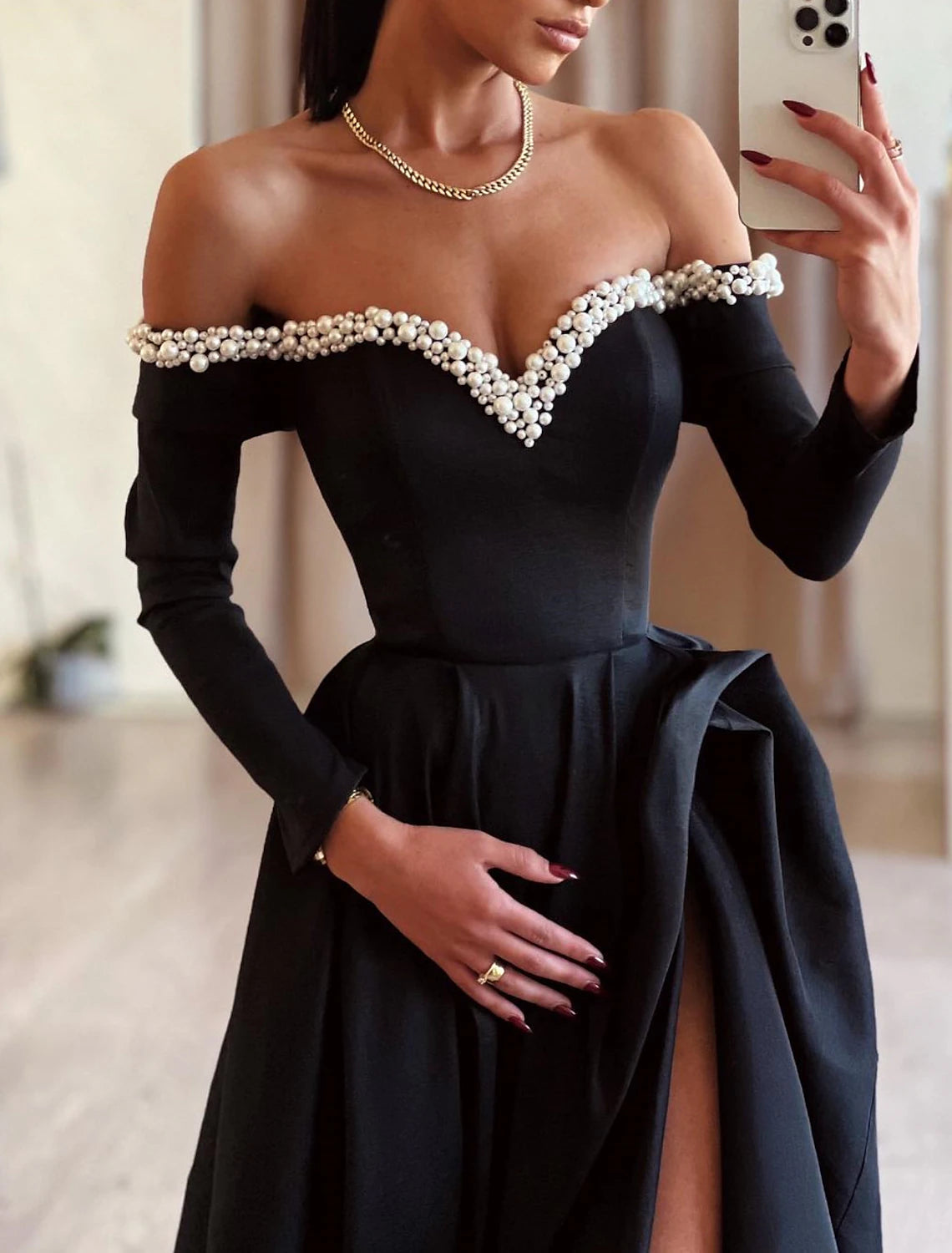 Aimishang A-Line Evening Gown Black Dress Dress Formal Masquerade Sweep / Brush Train Long Sleeve Off Shoulder Satin with Pearls Slit