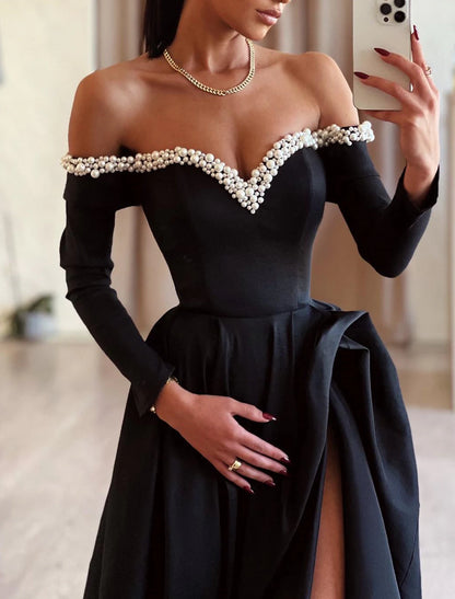 Aimishang A-Line Evening Gown Black Dress Dress Formal Masquerade Sweep / Brush Train Long Sleeve Off Shoulder Satin with Pearls Slit