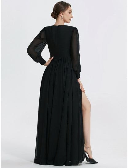 Wholesa  A-Line Evening Gown Elegant Dress Formal Floor Length Long Sleeve V Neck Chiffon with Slit