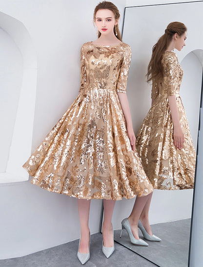 Wholesa  A-Line Cocktail Dresses Party Dress Holiday Wedding Guest Tea Length Half Sleeve Jewel Neck Sequined