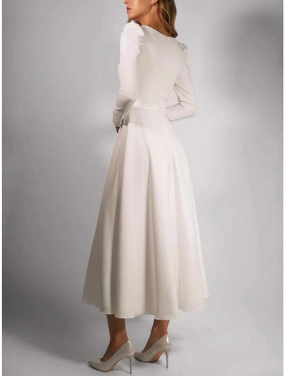 Wholesa Simple Wedding Dresses A-Line Square Neck Long Sleeve Tea Length Stretch Fabric Bridal Gowns With Pleats Solid Color