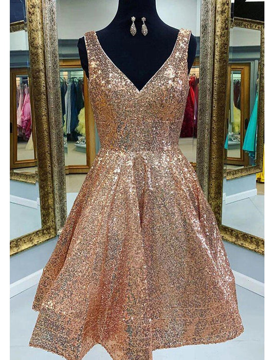 Wholesa A-Line Homecoming Dresses Sparkle & Shine Dress Graduation Tea Length Sleeveless V Neck Pink Dress Sequined with Sequin