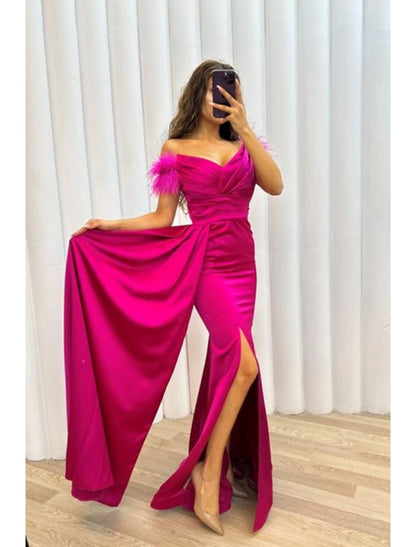 Wholesa A-Line Evening Gown High Split Dress Formal Fall Sweep / Brush Train Short Sleeve Off Shoulder Satin with Feather Ruched Slit