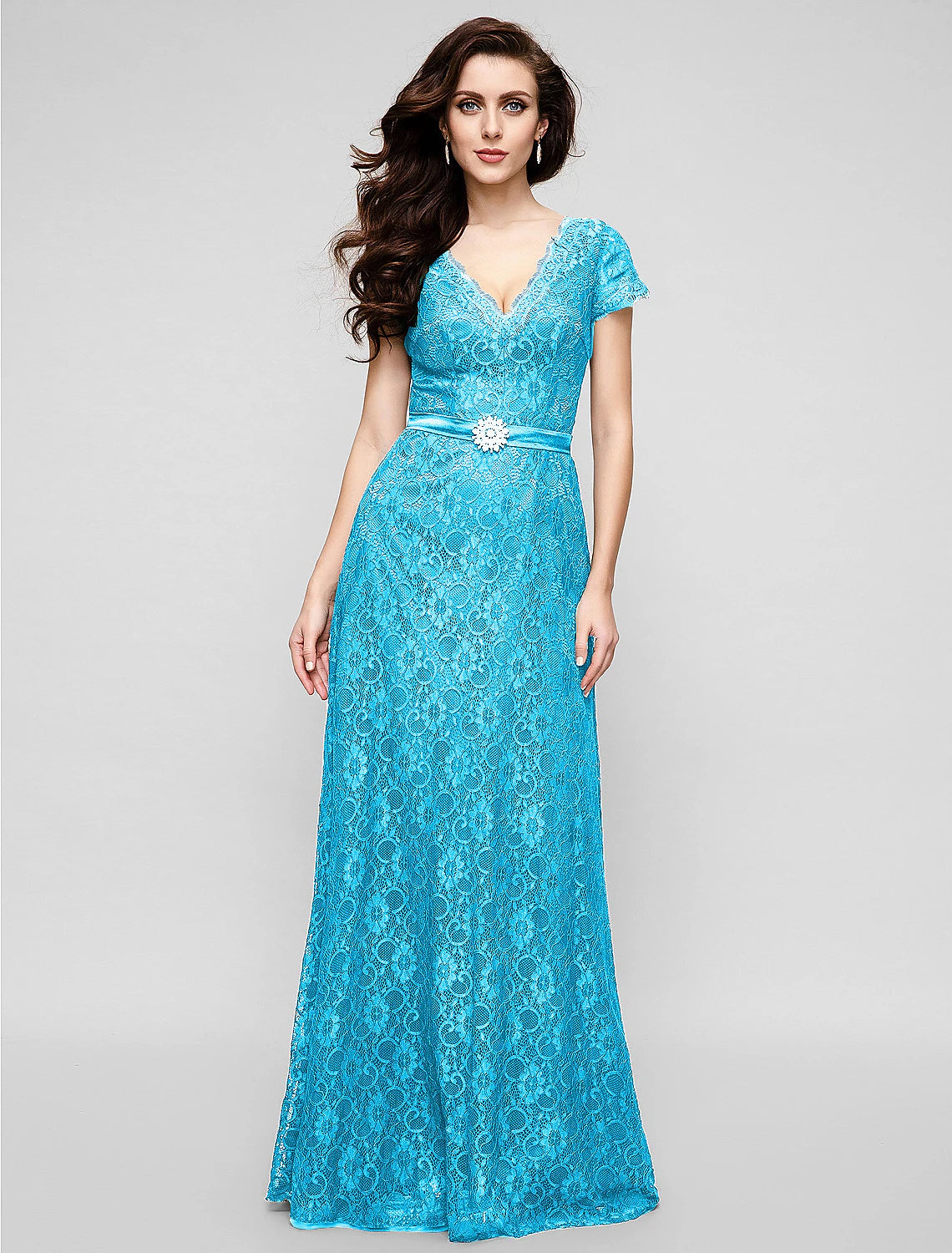 Wholesa A-Line Elegant Dress Holiday Cocktail Party Floor Length Short Sleeve V Neck All Over Lace with Crystal Brooch