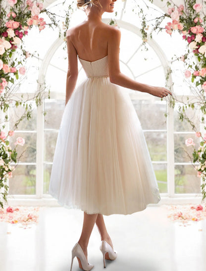 Wholesa Reception Little White Dresses Wedding Dresses A-Line Sweetheart Strapless Tea Length Tulle Bridal Gowns With Sashes / Ribbons Pleats