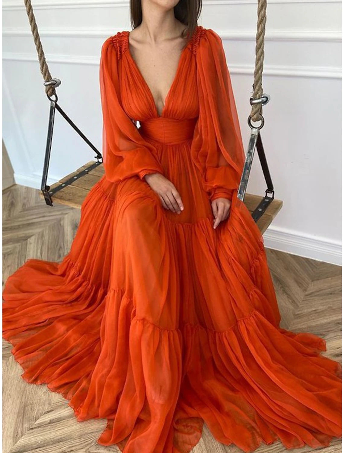 Wholesa A-Line Evening Gown Elegant Dress Red Green Dress Formal Wedding Guest Floor Length Long Sleeve V Neck Chiffon with Ruched