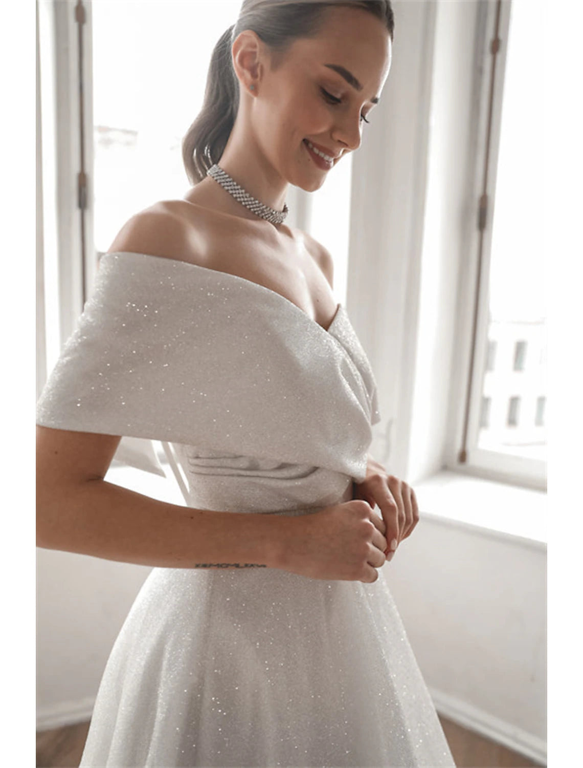 Wholesale Hall Sparkle & Shine Casual Wedding Dresses A-Line Off Shoulder Cap Sleeve Sweep / Brush Train Sequined Bridal Gowns With Solid Color 2023 Summer Wedding Party