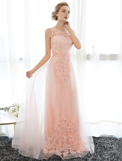 Wholesale Sheath / Column Dress Wedding Guest Floor Length Sleeveless Illusion Neck Satin with Crystals Appliques