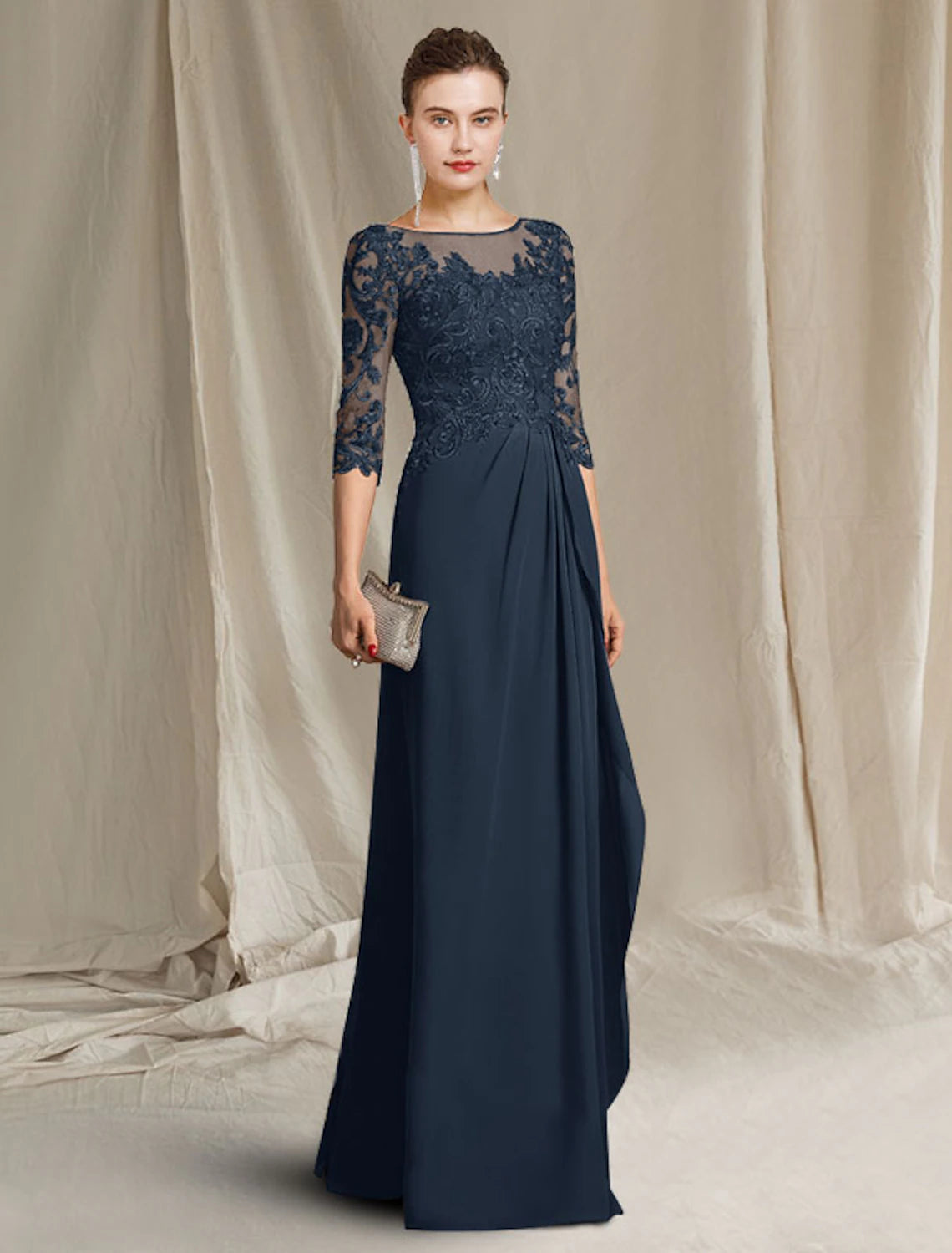 wholesale  Sheath / Column Mother of the Bride Dress Plus Size Elegant Jewel Neck Floor Length Chiffon Lace 3/4 Length Sleeve with Pleats Ruffles Appliques