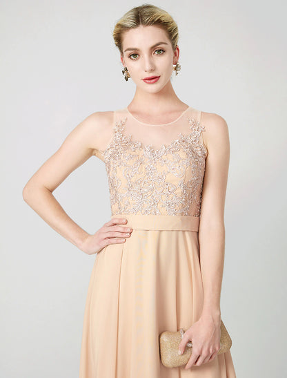 Wholesa  A-Line Classic & Timeless Keyhole Pastel Colors Holiday Cocktail Party Prom Dress Illusion Neck Sleeveless Floor Length Chiffon Beaded Lace with Pleats Appliques