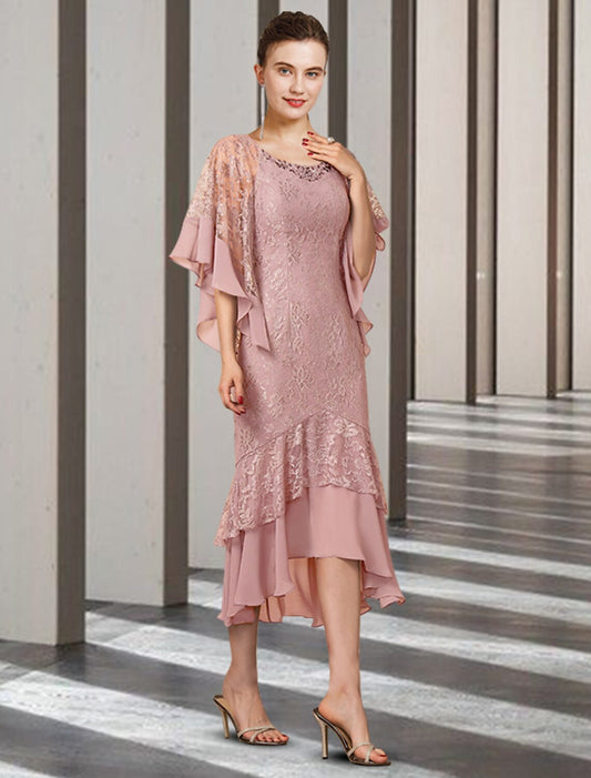 wholesale  Sheath / Column Mother of the Bride Dress Elegant High Low Jewel Neck Asymmetrical Tea Length Chiffon Lace Half Sleeve Wrap Included with Beading Ruffles Appliques