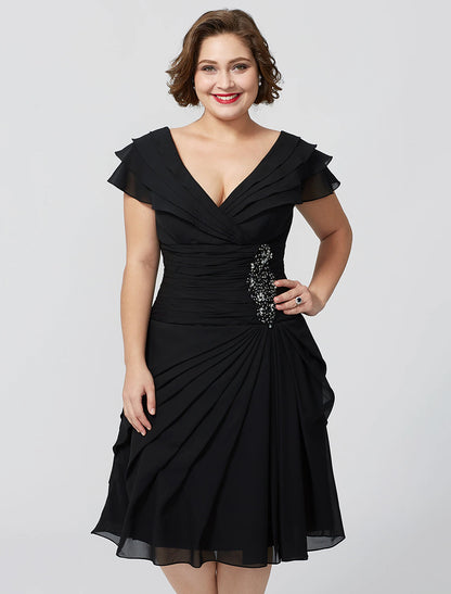 Wholesa A-Line Mother of the Bride Dress Plus Size Elegant Sexy V Neck Knee Length Chiffon Short Sleeve No with Beading Tiered