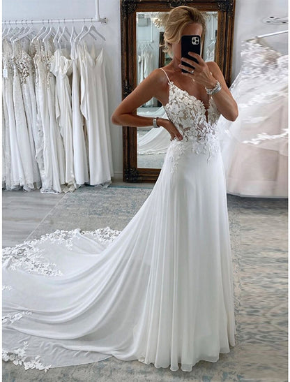 Wholesa Reception Formal Wedding Dresses A-Line Camisole Sleeveless Court Train Chiffon Bridal Suits Bridal Gowns With Appliques