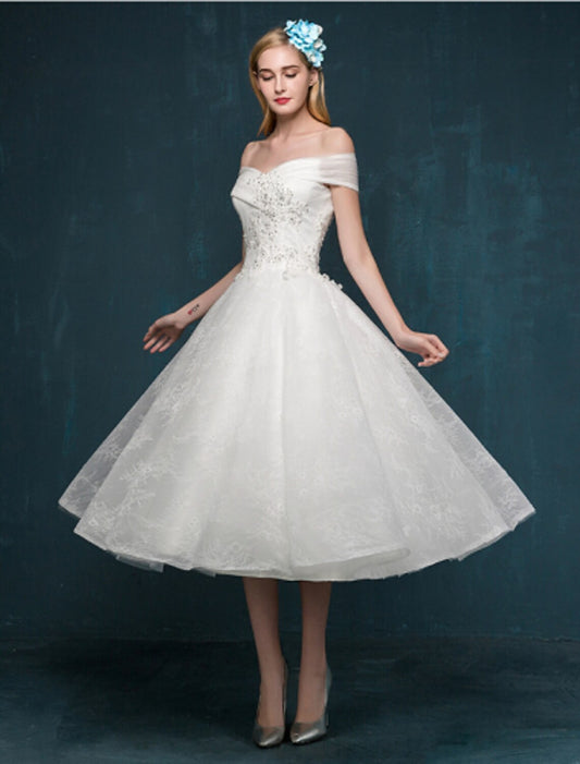 Wholesale Reception Little White Dresses Wedding Dresses A-Line Off Shoulder Cap Sleeve Tea Length Lace Bridal Gowns With Beading Sequin Summer Wedding Party