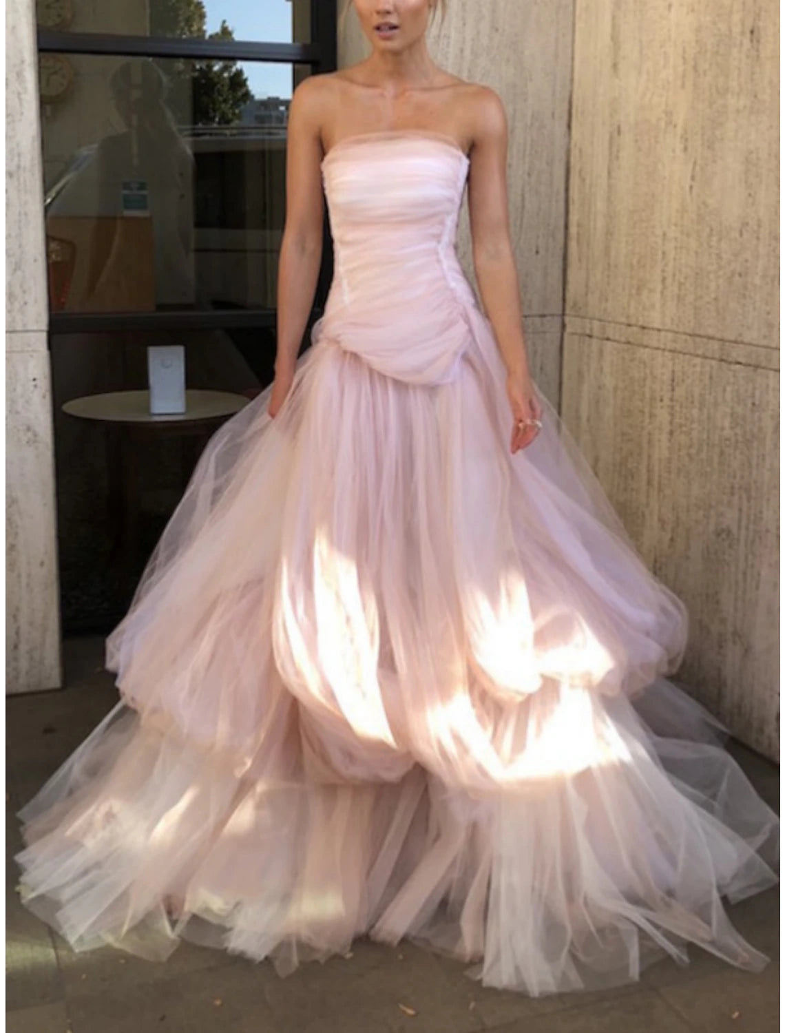 Wholesa A-Line Evening Gown Elegant Dress Formal Court Train Sleeveless Strapless Tulle with Pleats Ruched