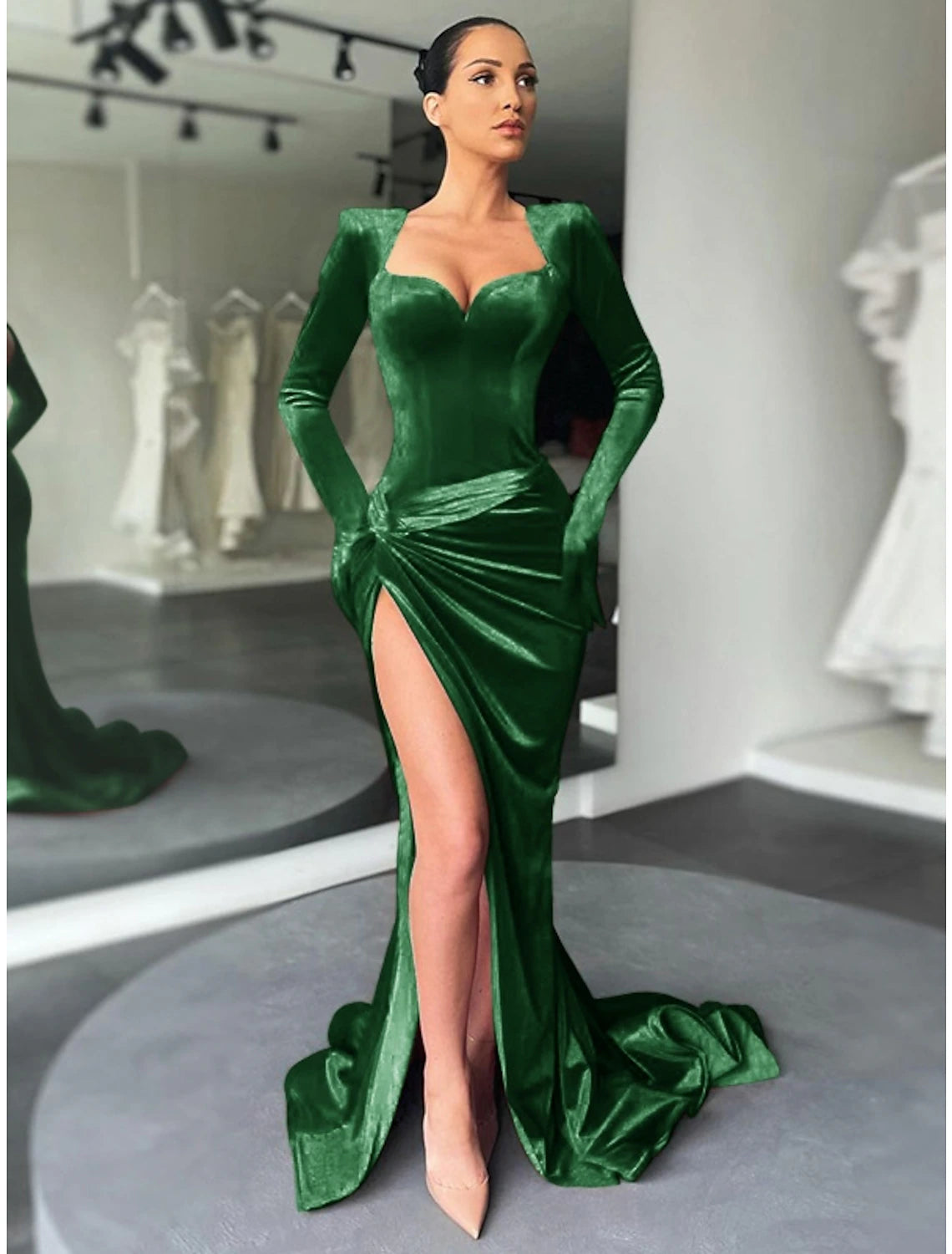 Wholesa A-Line Evening Gown Party Dress Vintage Dress Formal Fall Court Train Long Sleeve Sweetheart Velvet with Ruched Slit