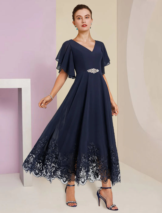 Wholesa  A-Line Mother of the Bride Dress Formal Fall Wedding Guest Elegant V Neck Tea Length Chiffon Lace Short Sleeve with Appliques Crystal Brooch