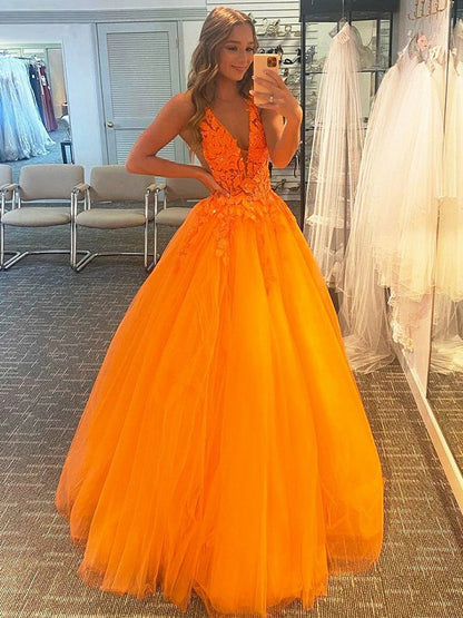 Wholesa Ball Gown Tulle Applique V-neck Sleeveless Sweep/Brush Train Dresses