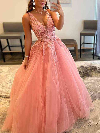 Wholesa Ball Gown Tulle Applique V-neck Sleeveless Sweep/Brush Train Dresses