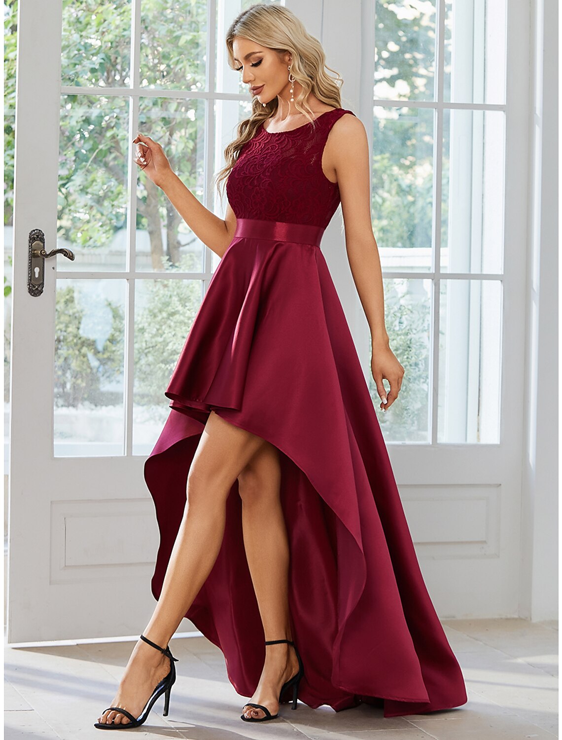 wholesale   A-Line Wedding Guest Dresses Casual Dress Party Wear Asymmetrical Sleeveless Jewel Neck Satin with Pure Color