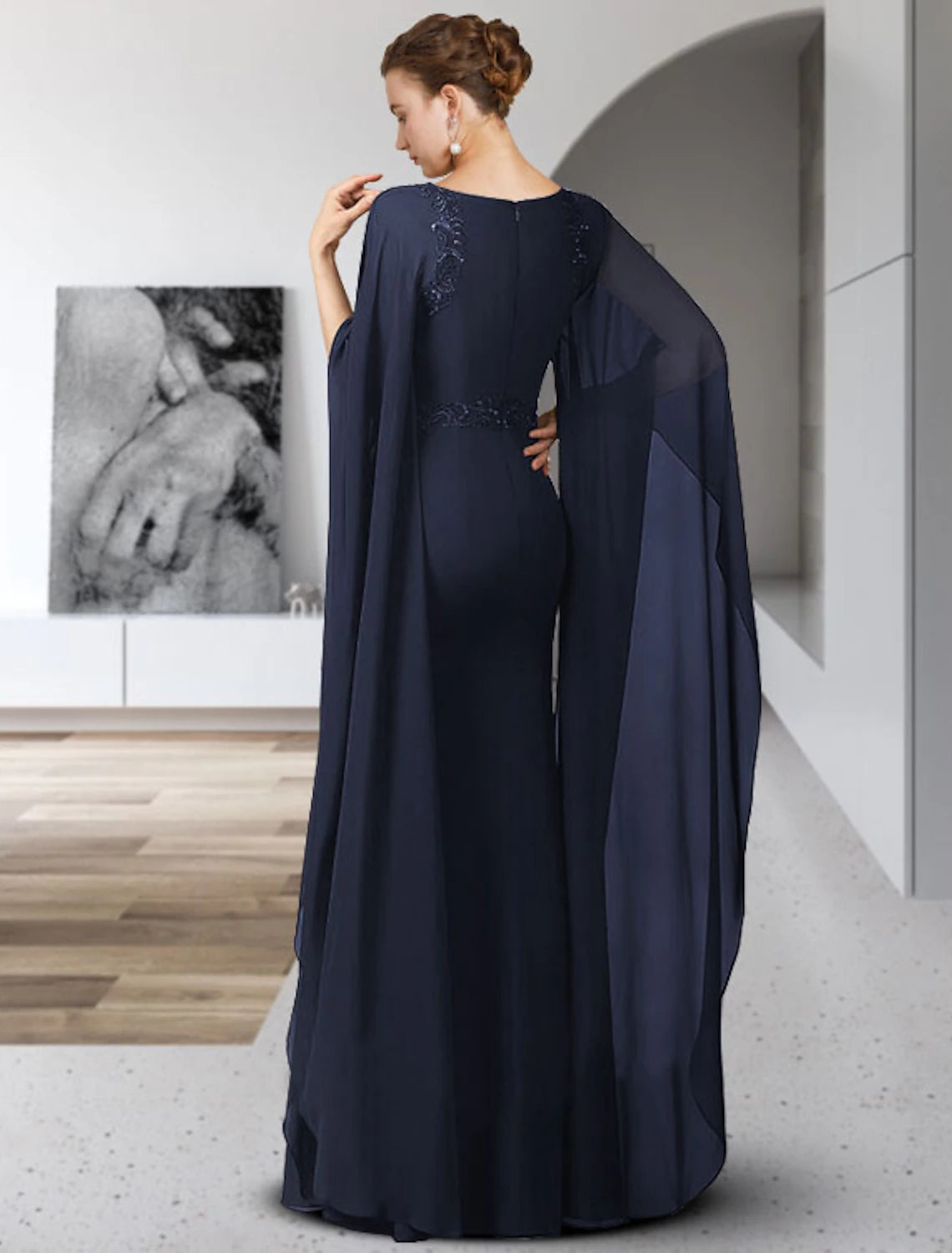 Wholesa Sheath / Column Mother of the Bride Dress Elegant Jewel Neck Floor Length Chiffon Long Sleeve with Sash / Ribbon Appliques