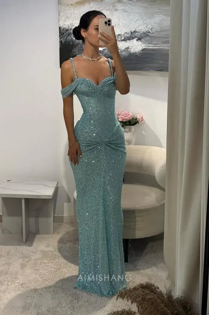 Aimishang Elegant Mermaid Off Shoulder Long Formal Prom Dress Charming Evening Gown Sparkly Wedding Guest Party Dress