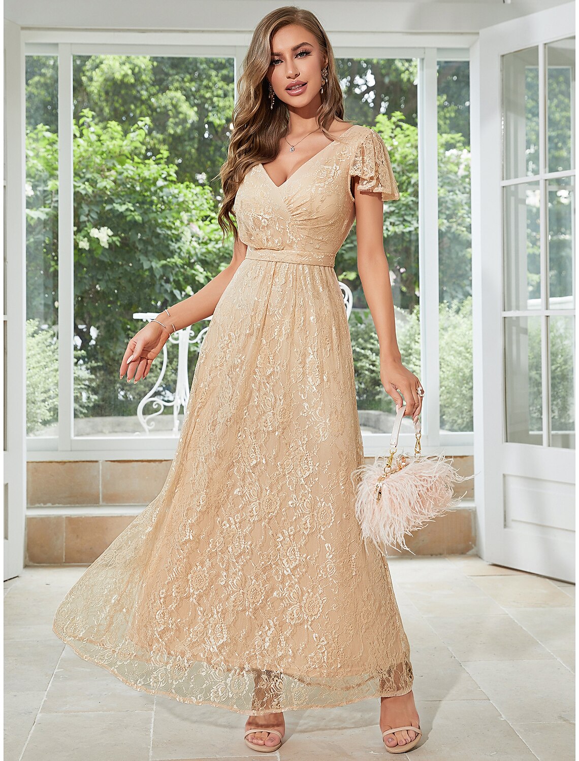 wholesale   A-Line Wedding Guest Dresses Elegant Dress Party Wear Ankle Length Short Sleeve V Neck Chiffon with Ruffles