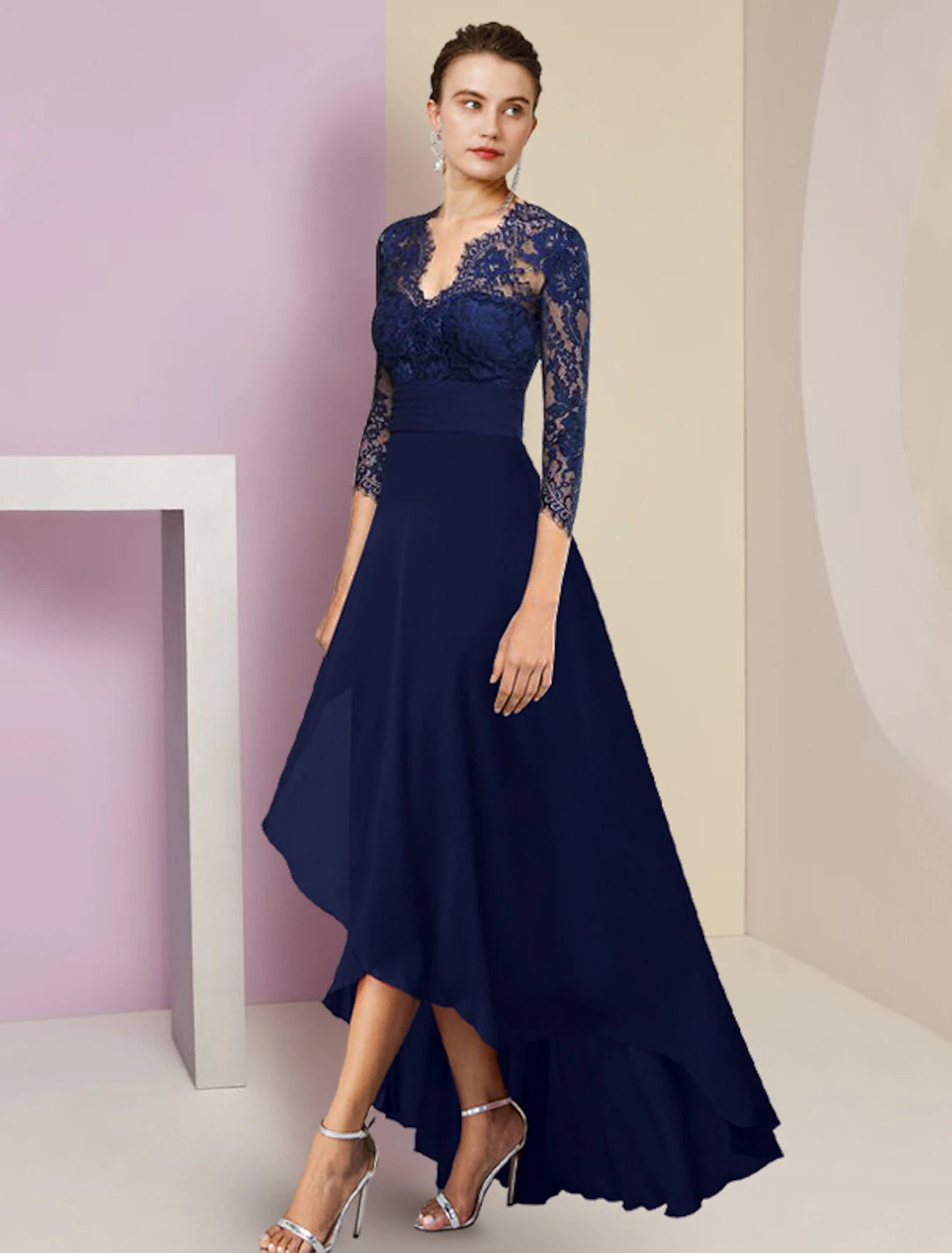 Wholesa A-Line Mother of the Bride Dress Formal Wedding Guest Elegant High Low V Neck Asymmetrical Tea Length Chiffon Lace 3/4 Length Sleeve with Ruched