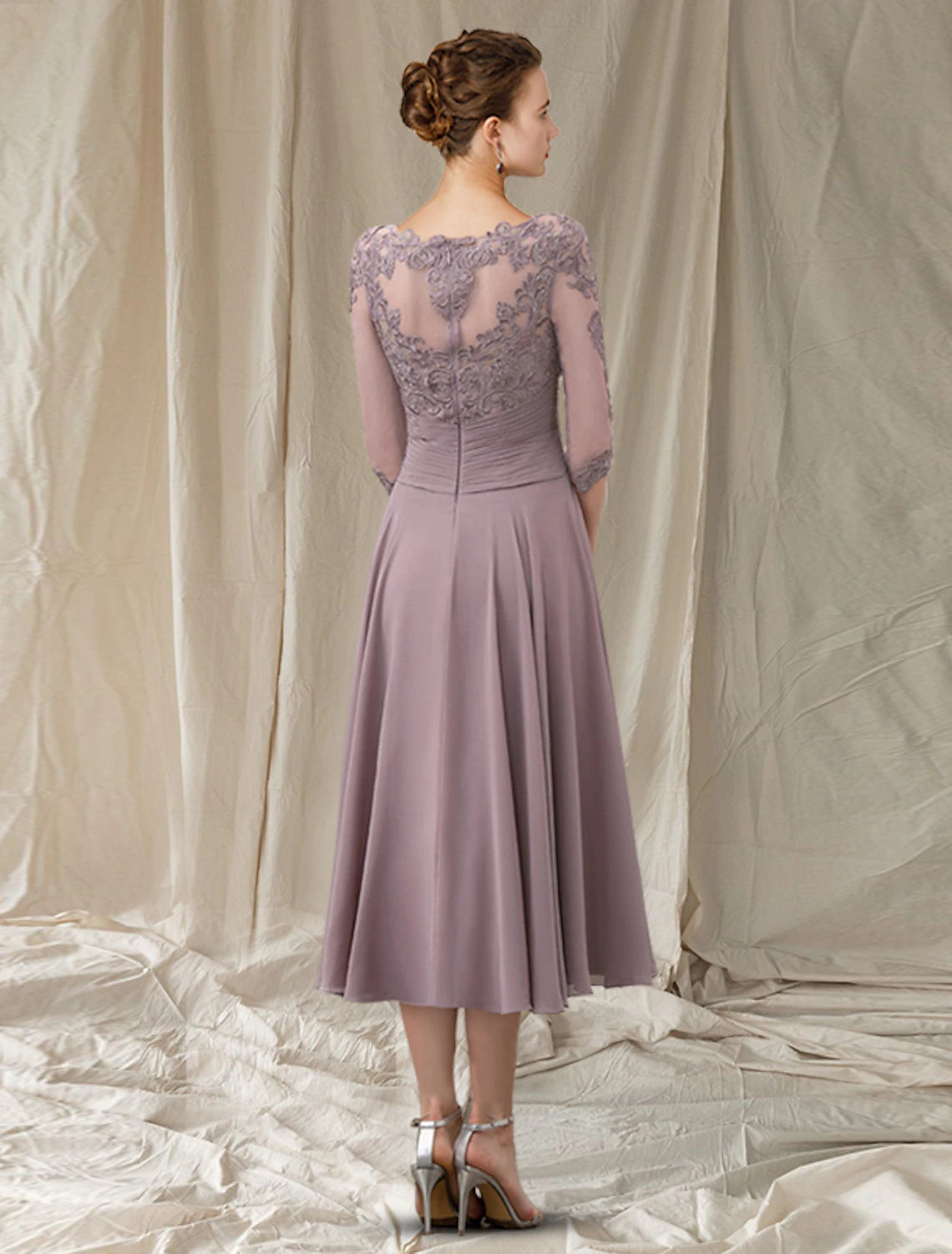 wholesale A-Line Mother of the Bride Dress Elegant Jewel Neck Tea Length Chiffon Lace Half Sleeve with Pleats Ruched Beading