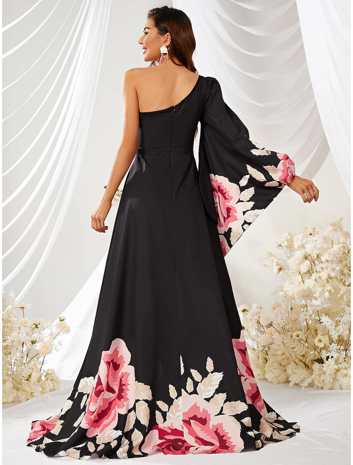 wholesale A-Line Wedding Guest Dresses Floral Dress Formal Court Train Long Sleeve One Shoulder Chiffon with Slit Print