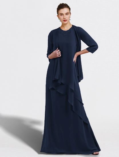 wholesale  Two Piece A-Line Mother of the Bride Dress Plus Size Elegant Jewel Neck Floor Length Chiffon Sleeveless Wrap Included with Ruffles Appliques