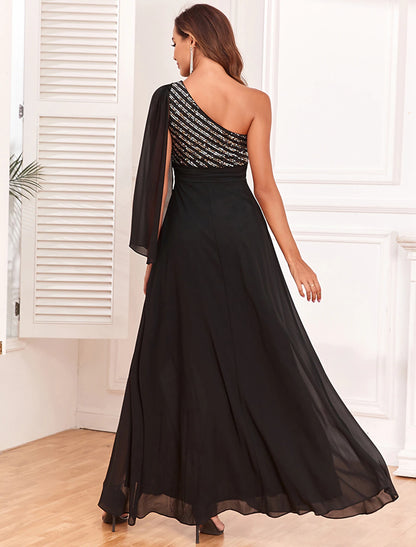 Wholesa A-Line Evening Gown Empire Dress Evening Party Party Wear Floor Length Long Sleeve One Shoulder Chiffon with Glitter Slit