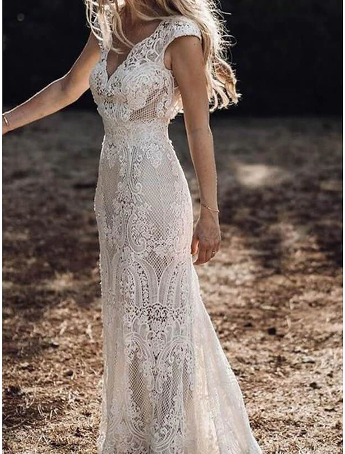 Wholesale Beach Boho Wedding Dresses Mermaid / Trumpet V Neck Cap Sleeve Court Train Lace Outdoor Bridal Gowns With Appliques Solid Color Summer Wedding Party