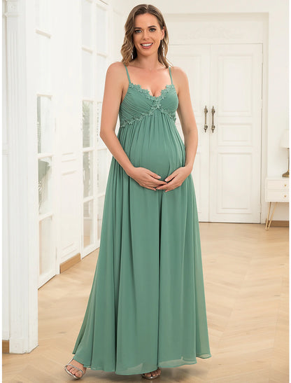 Wholesale A-Line Evening Gown Maternity Dress Wedding Guest Floor Length Sleeveless V Neck Chiffon V Back with Draping