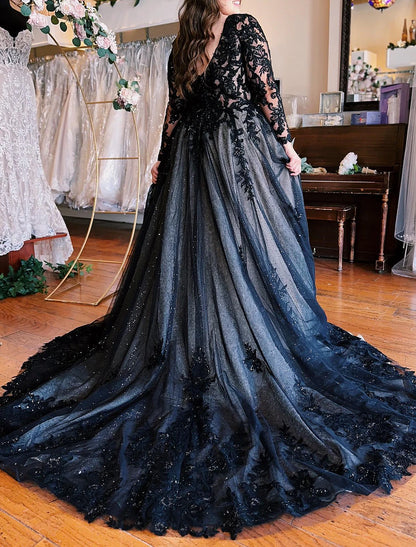 Wholesa A-Line Evening Gown Black Dress Formal Wedding Court Train Sleeveless V Neck Fall Wedding Reception Tulle with Slit Appliques