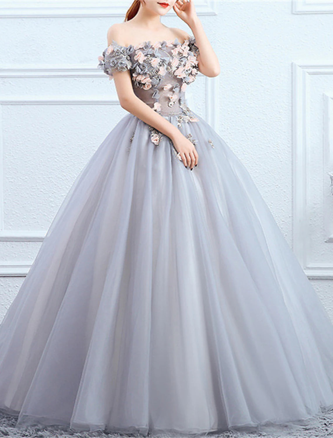 Wholesa Ball Gown Quinceanera Dresses Princess Dress Performance Sweet 16 Floor Length Short Sleeve Off Shoulder Polyester with Appliques