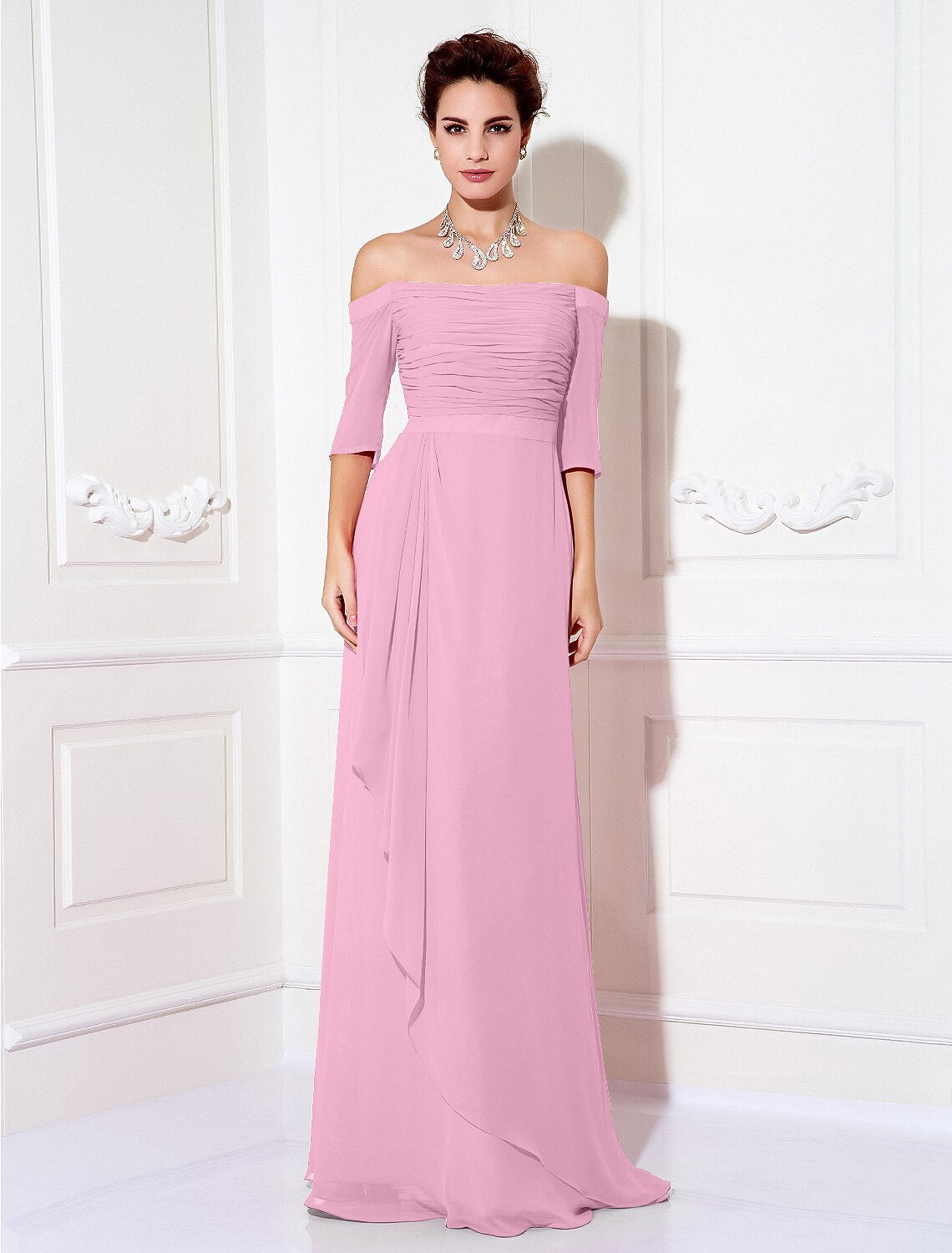 Wholesa Sheath / Column Minimalist Dress Wedding Guest Formal Evening Sweep / Brush Train Half Sleeve Off Shoulder Bridesmaid Dress Chiffon with Ruched Draping