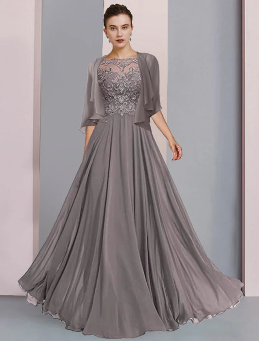 Wholesa  A-Line Mother of the Bride Dress Formal Wedding Guest Elegant Scoop Neck Floor Length Chiffon Lace Half Sleeve Wrap Included with Pleats Beading Appliques