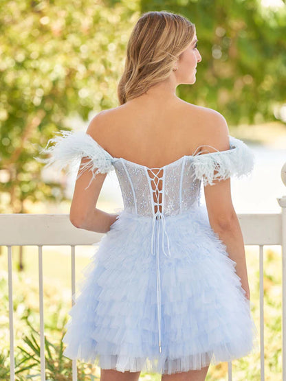 Wholesale A Line Graduation Dresses Off the Shoulder Sky Blue Homecoming Dress with Feather