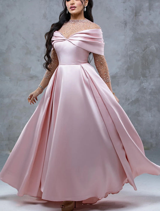Aimishang  A-Line Evening Gown Elegant Dress Formal Prom Floor Length Short Sleeve Sweetheart Satin with Ruched Pearls