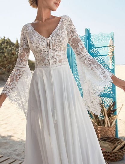 Wholesa Beach Open Back Boho Wedding Dresses A-Line V Neck Long Sleeve Sweep / Brush Train Chiffon Bridal Gowns With Pleats