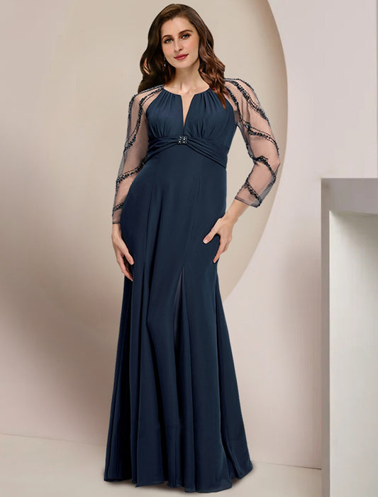 wholesale Mother of the Bride Dresses Plus Size Curve Hide Belly Wedding Guest Vintage Elegant V Neck Floor Length Chiffon Long Sleeve with Pleats Sequin