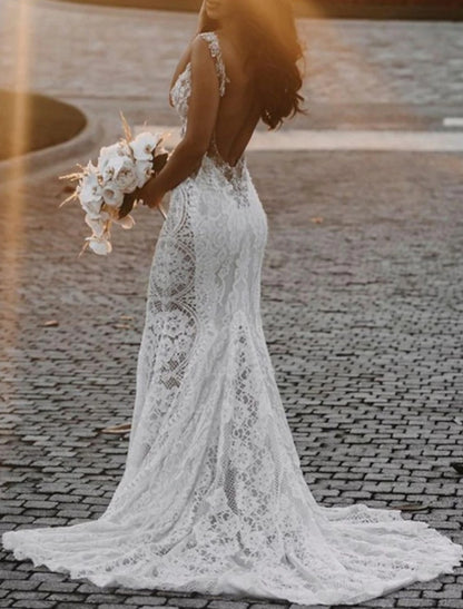 Wholesa Beach Open Back Sexy Boho Wedding Dresses Mermaid / Trumpet V Neck Sleeveless Court Train Lace Bridal Gowns With Appliques