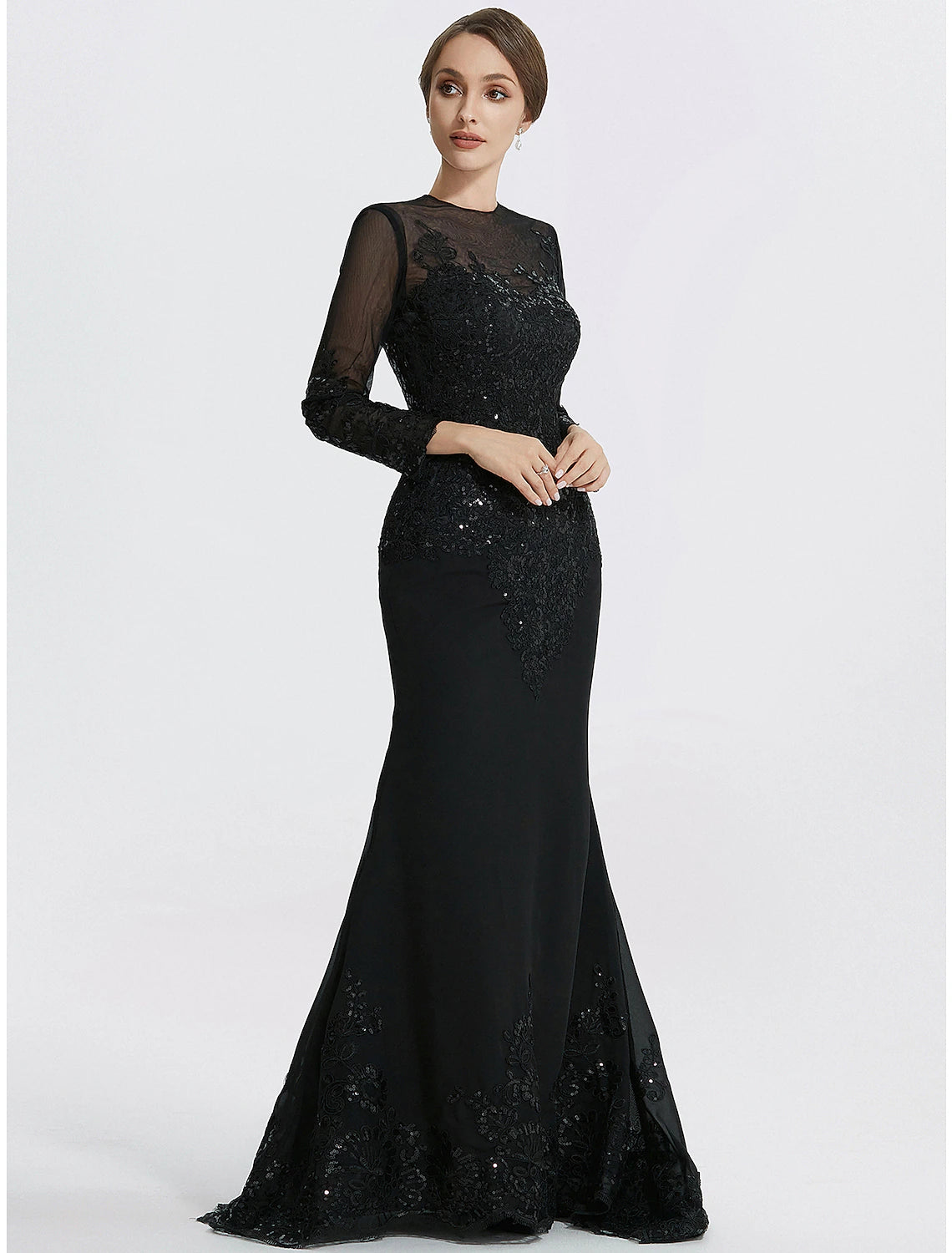 Wholesa  Mermaid / Trumpet Sheath / Column Evening Gown Elegant Dress Formal Floor Length Long Sleeve Jewel Neck Lace with Appliques