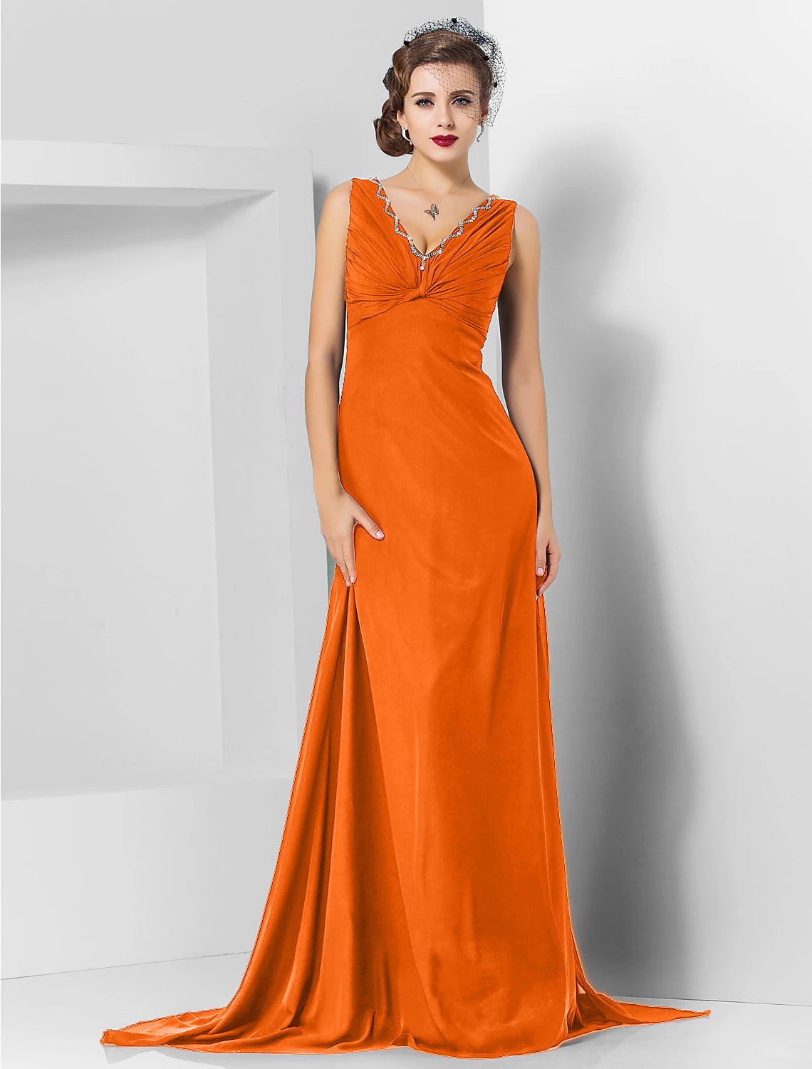 Wholesa Sheath / Column Elegant Engagement Formal Evening Dress V Neck Sleeveless Sweep / Brush Train Chiffon with Crystals Draping