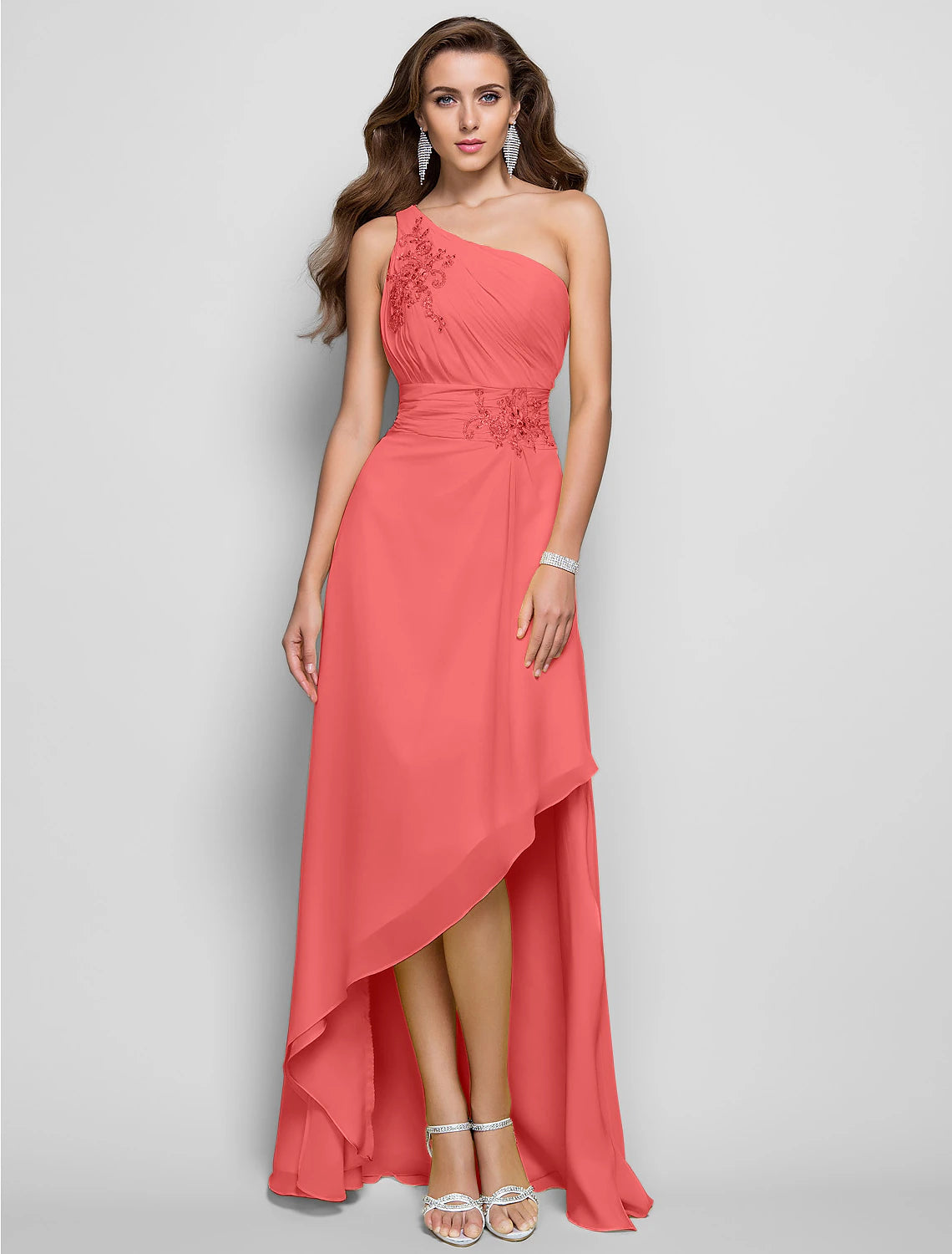 Wholesa Sheath / Column Elegant Dress Wedding Guest Cocktail Party Asymmetrical Sleeveless One Shoulder Bridesmaid Dress Chiffon with Beading Slit Appliques